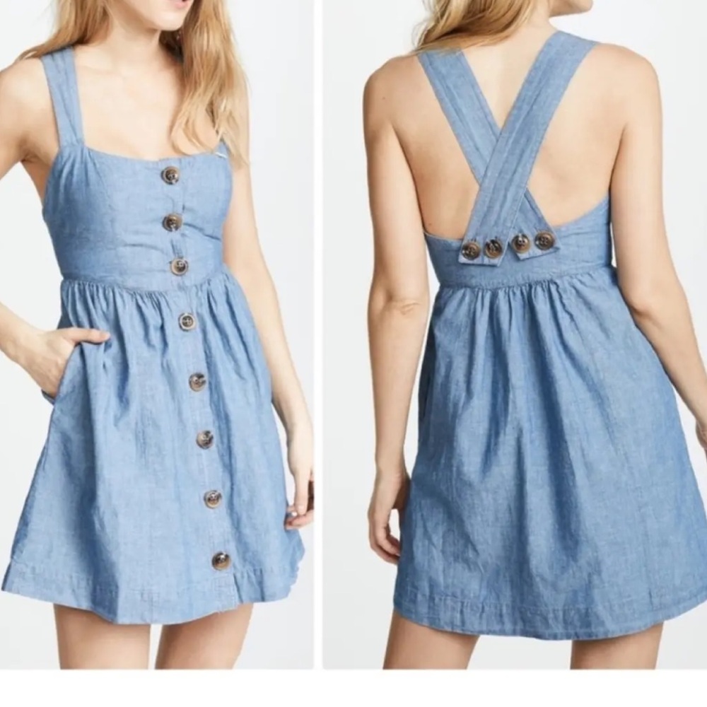 Free People Carolina Fit & Flare Sundress Blue Chambray Button Front Sz 12